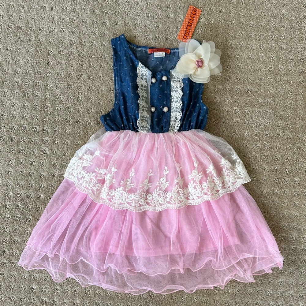NWT Funkyberry Girls’ Blue And Pink Eyelet Denim And Lace Dress, Size 4